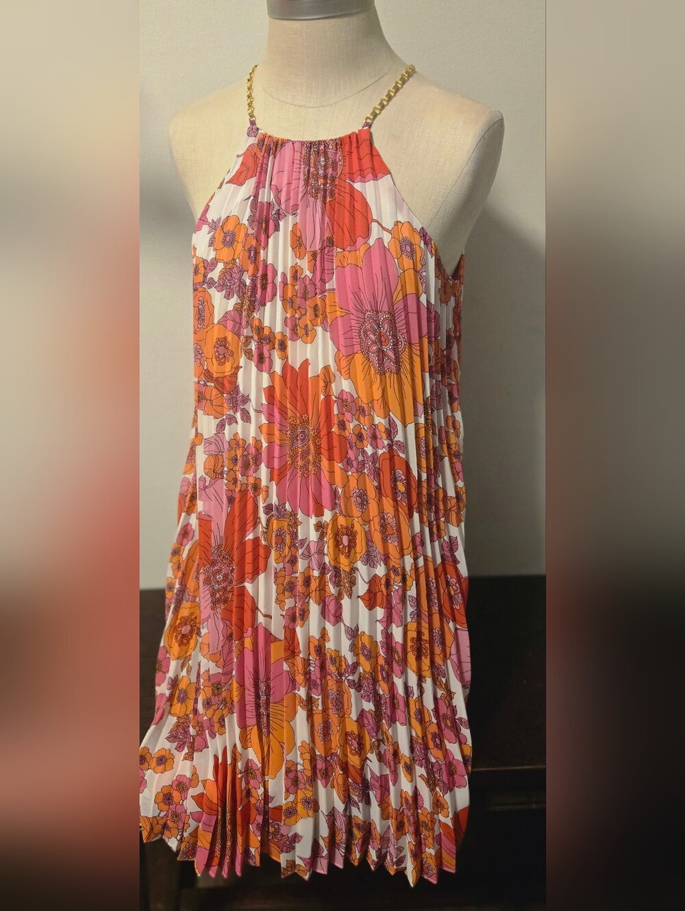 New !Trina Turk Floral Pleated Halter Midi Dress in Pink & Orange Small